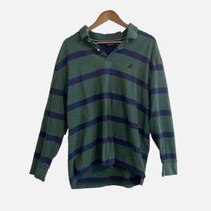 NAUTICA 80s Big Green & Blue Horizontal Striped Long Sleeve Polo Shirt MEN’S XXL
